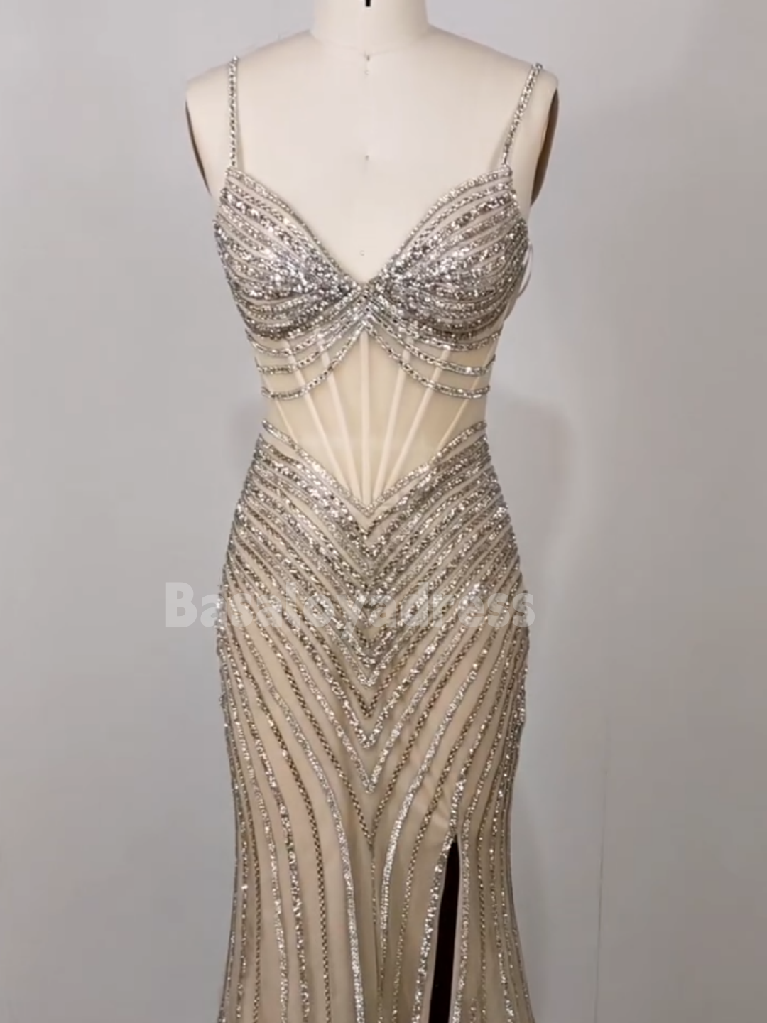 BDES00096 Sparkle Spaghetti Strap Pearls and Crystals Mesh Tulle Evening Dress For Women