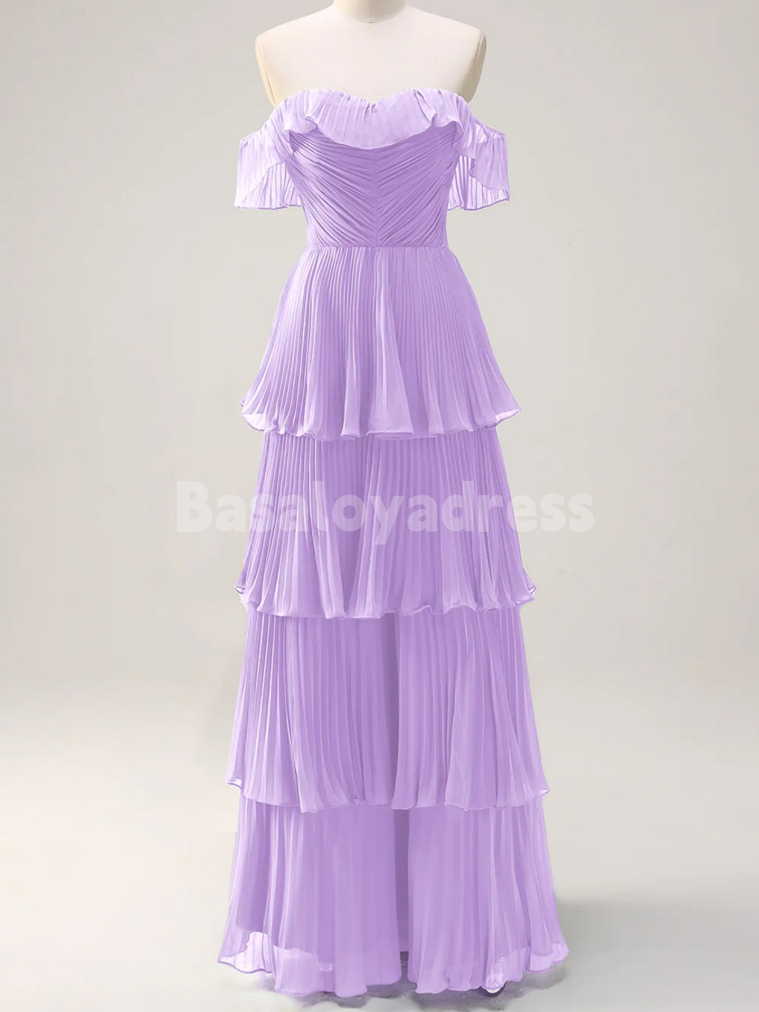 BDES00135 A Line Off the Shoulder Tiered Maxi Prom Dress Pleated Bridesmaid Dress