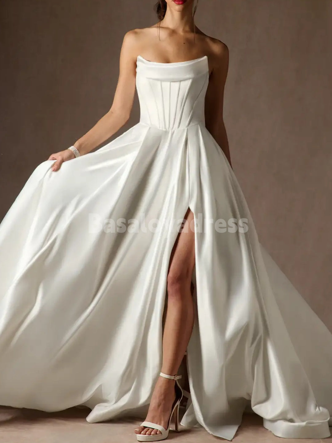 BWD00043 Strapless Satin Wedding Dress Simple Elegant Light Ivory A Line Bridal Gowns