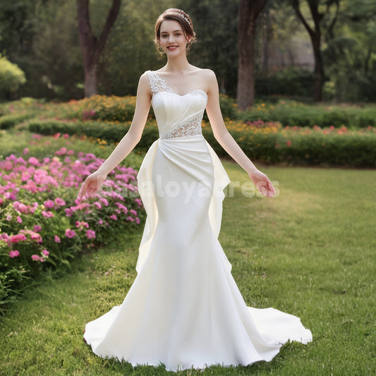BWD00031 One Shoulder Lace Applique Illusion Tulle Satin Mermaid Wedding Dress with Ruffles