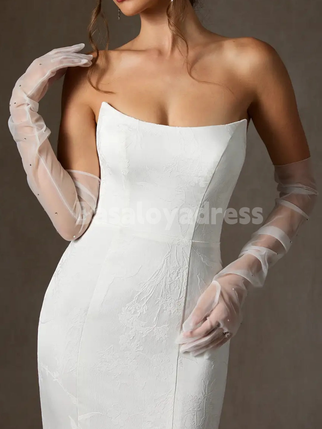 BWD00044 Mermaid Strapless Floral Jacquard Wedding Dress with Tulle and Diamond Gloves
