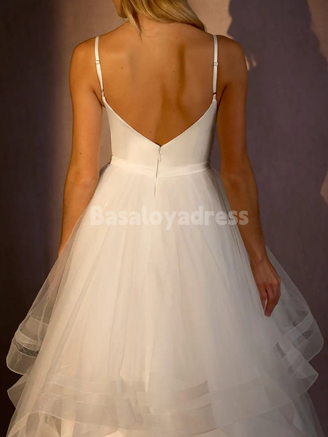 BWD00059 Princess Spaghetti Strap V-neck Ball-Gown Ruched Satin Tulle Wedding Dress