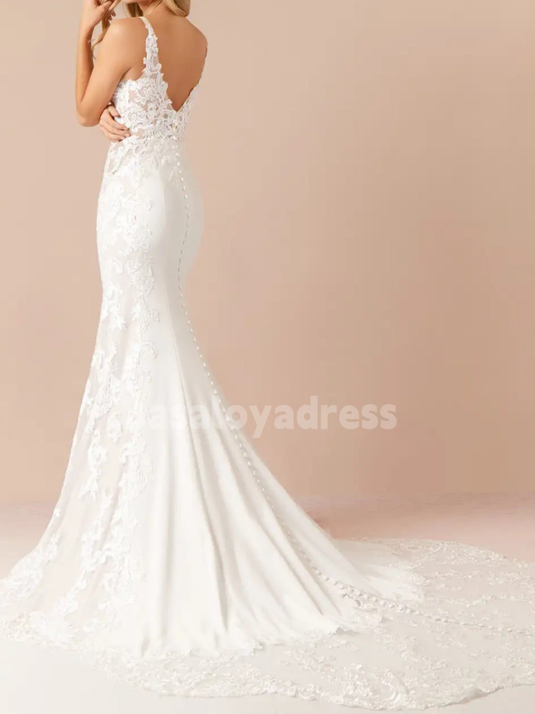 BWD00050  V-neck Sleeveless Lace Applique Illusion Bodice Mermaid Stretch Crepe Wedding Dress with Train