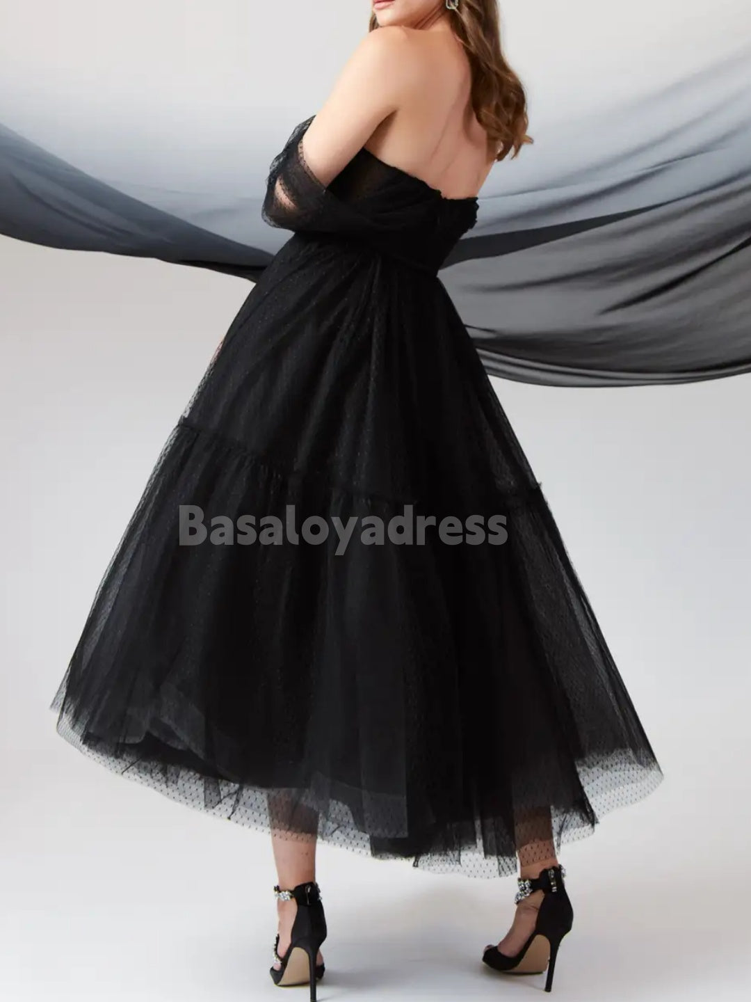 BWD00053 Gothic Black A-Line Off-The-Shouler Wedding Dress Tulle Tiered Madi Dress