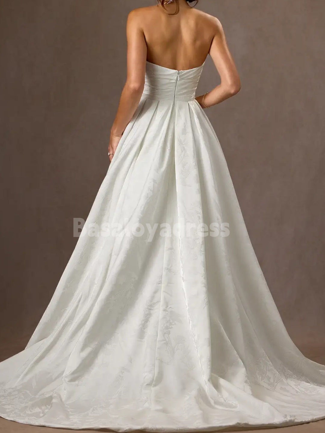 BWD00046 A-Line Strapless Floral Jacquard Pleated Floor-Length Wedding Dress with High Slit