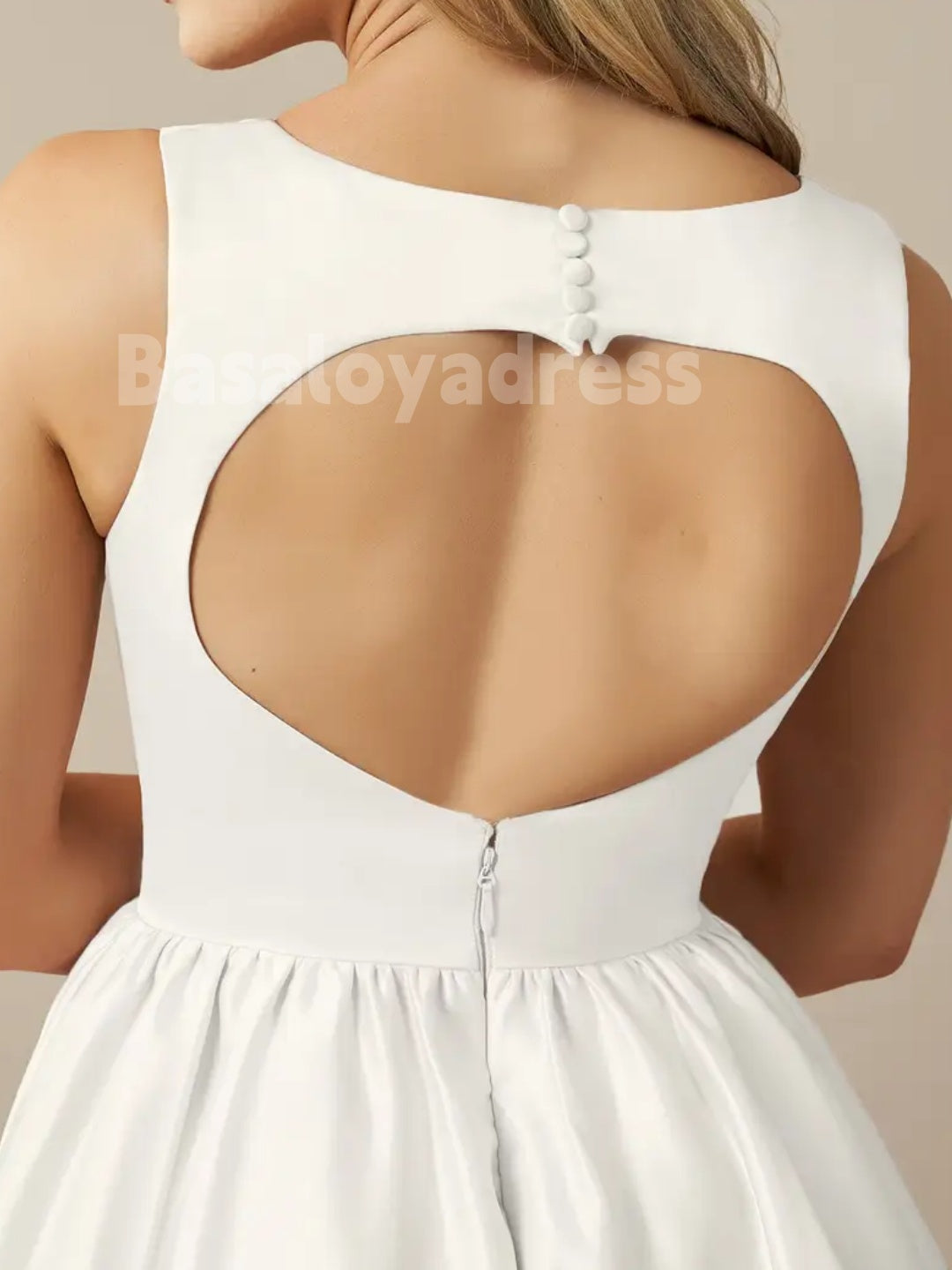 BWD00060 Light Ivory A-Line Open Back Satin Bubble Short Wedding Dress Homcoming Dress with Pockets