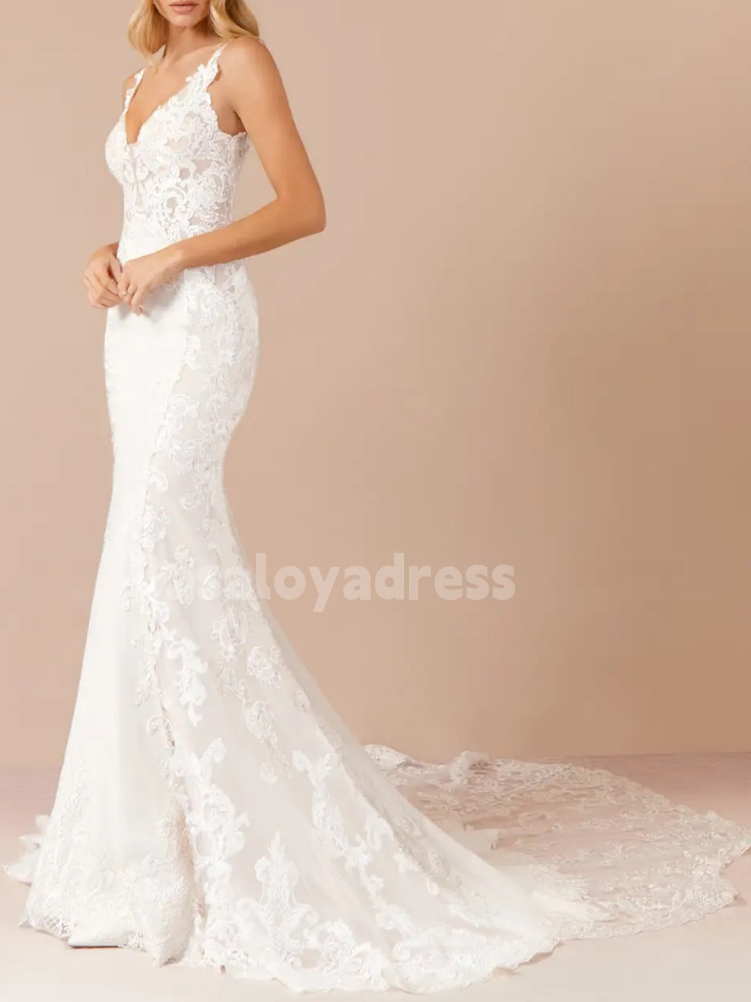 BWD00050  V-neck Sleeveless Lace Applique Illusion Bodice Mermaid Stretch Crepe Wedding Dress with Train