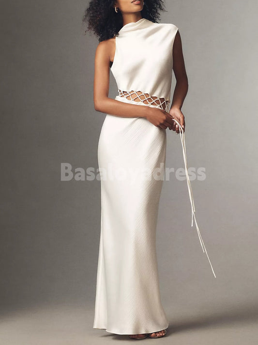BWD00067 Light Ivory Cowl Neck Two-Piece Lace-Up Maxi Dress