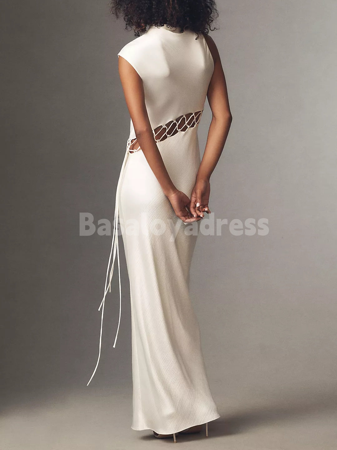 BWD00067 Light Ivory Cowl Neck Two-Piece Lace-Up Maxi Dress