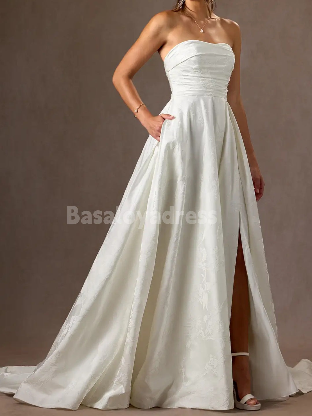 BWD00046 A-Line Strapless Floral Jacquard Pleated Floor-Length Wedding Dress with High Slit