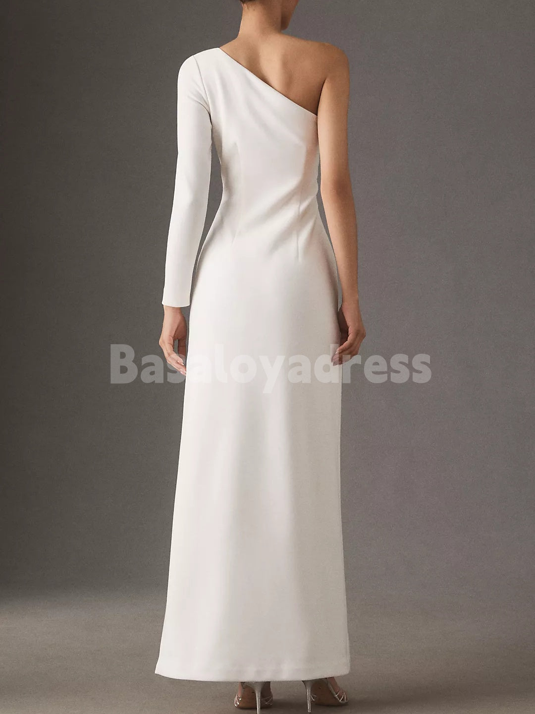 BWD00065 One-Shoulder Soft Satin Long Sleeve Split Tunic Dress