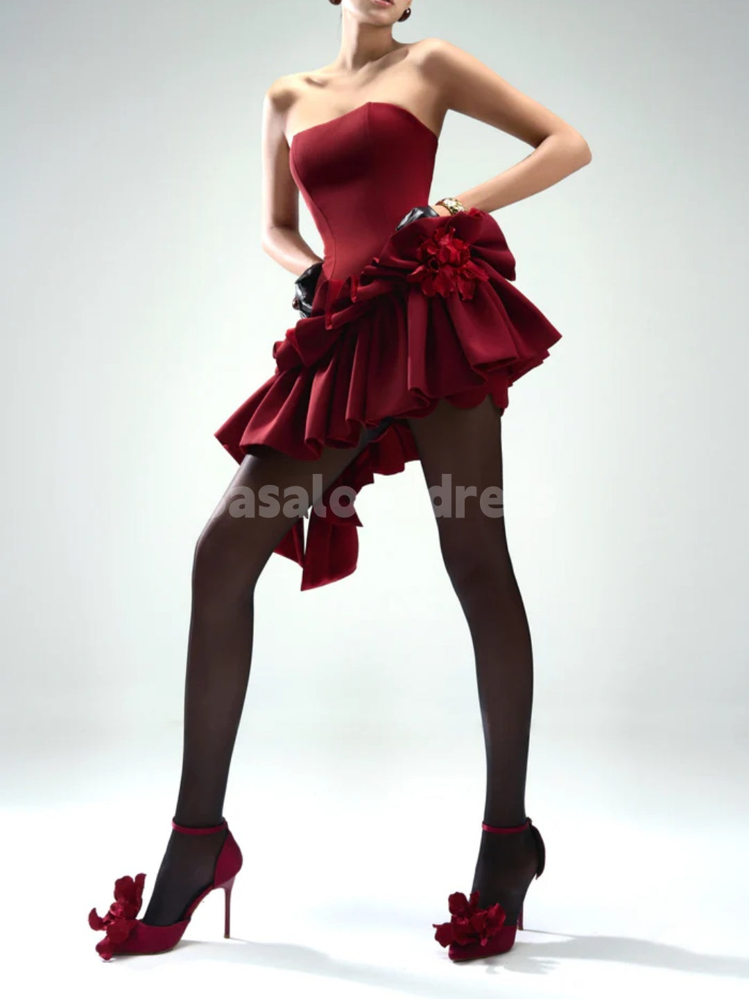 BSD00065 Asymmetric Hem Straight Across Neck Strapless Mini Dress Cocktail Party Gowns Bodycon Short Prom Dress