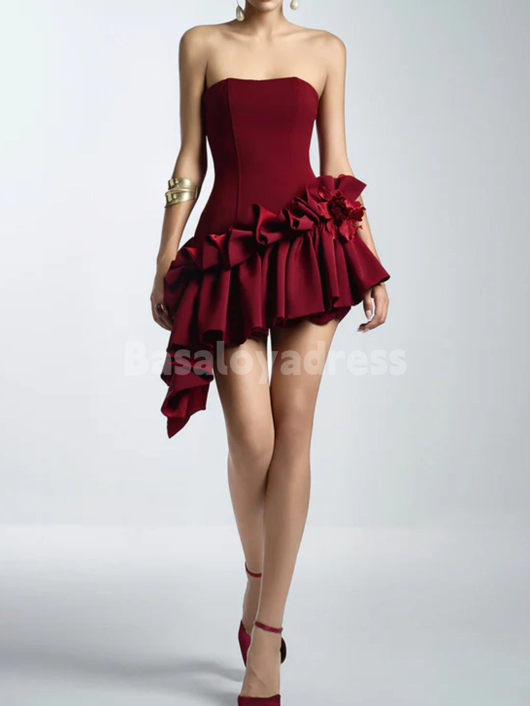 BSD00065 Asymmetric Hem Straight Across Neck Strapless Mini Dress Cocktail Party Gowns Bodycon Short Prom Dress