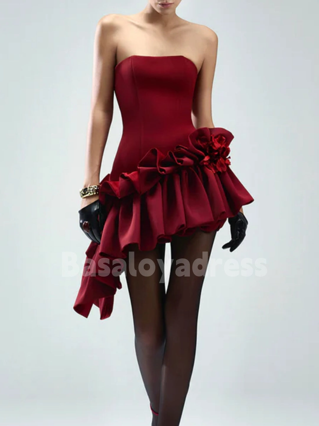 BSD00065 Asymmetric Hem Straight Across Neck Strapless Mini Dress Cocktail Party Gowns Bodycon Short Prom Dress
