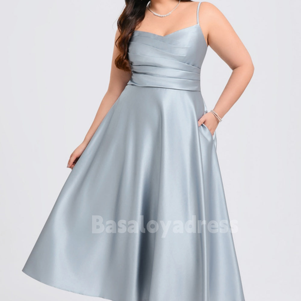 BSD00024 A-line V-Neck Tea-Length Spaghetti Strap Satin Cocktail Dress