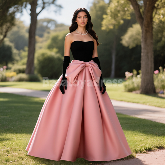 BDES00073 Elegant Pink and Black Bow Princess Ball Gown – Birthday, Engagement, Prom & Vocal Performance Dress with Black Gloves