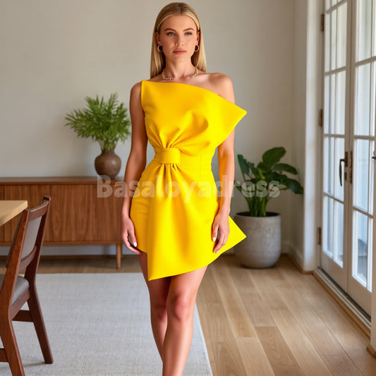 BSD00046 Bright Yellow Big Bowknot Strapless Satin Mini Homecoming Dress