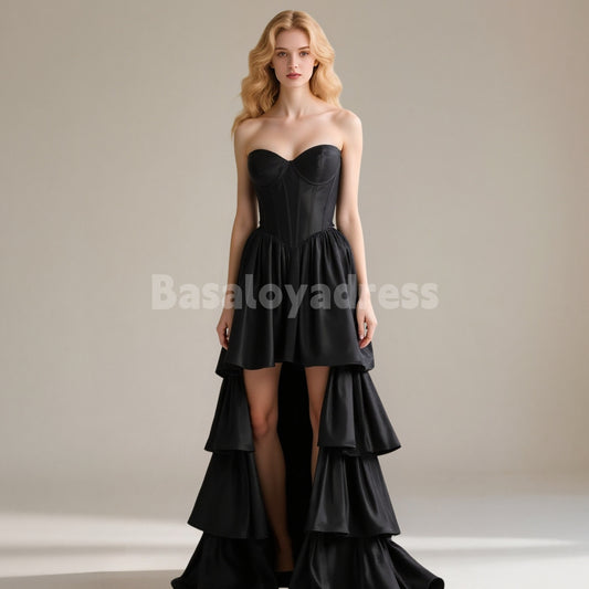 BDES00077 Sexy Sweet Strapless High-Low Taffeta Prom Dress Black Dress Layered Ruffles
