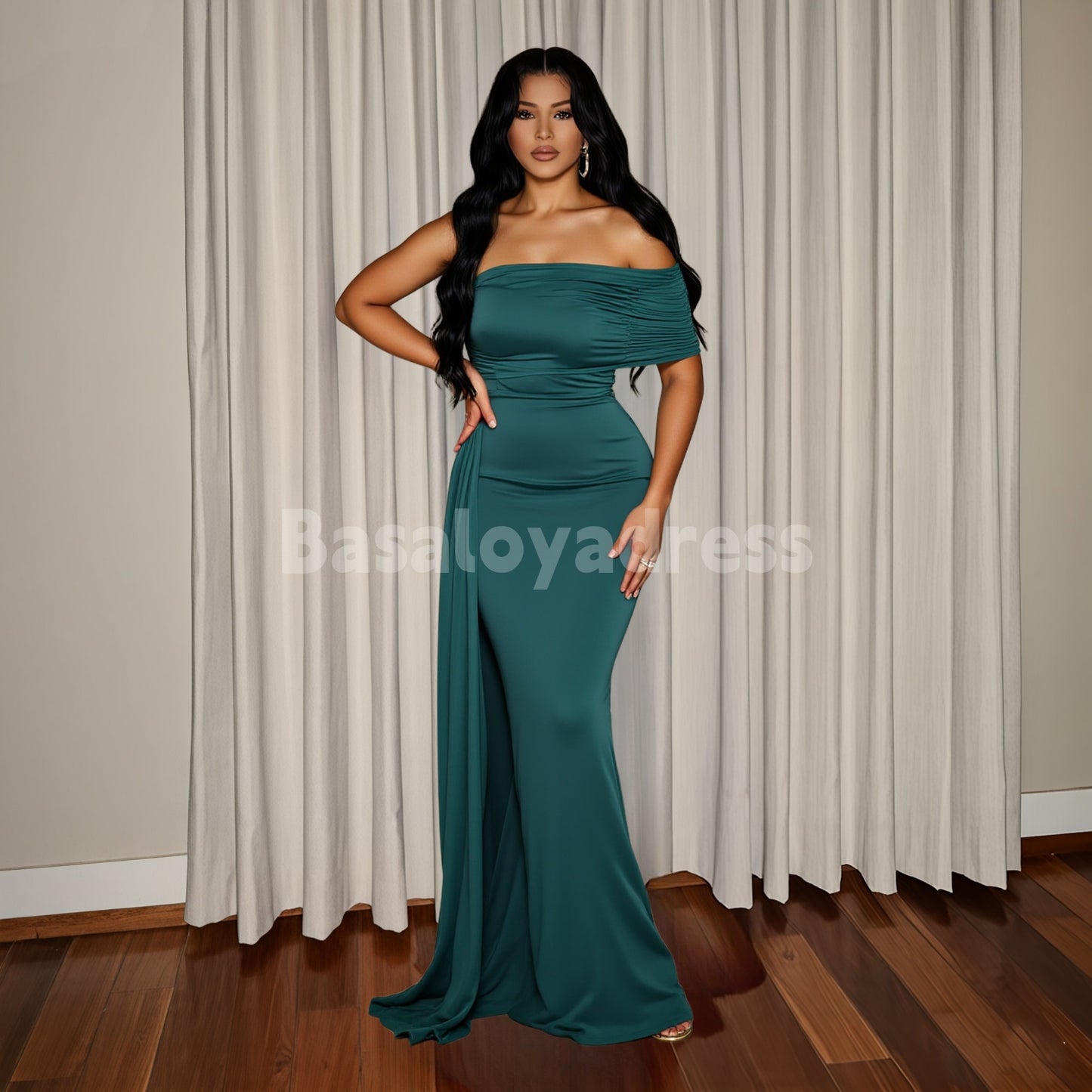 BDES00089 Maxi Green One Shoulder Wedding Guest Dress Sleeveless Pleated Prom Dress Evening Dress
