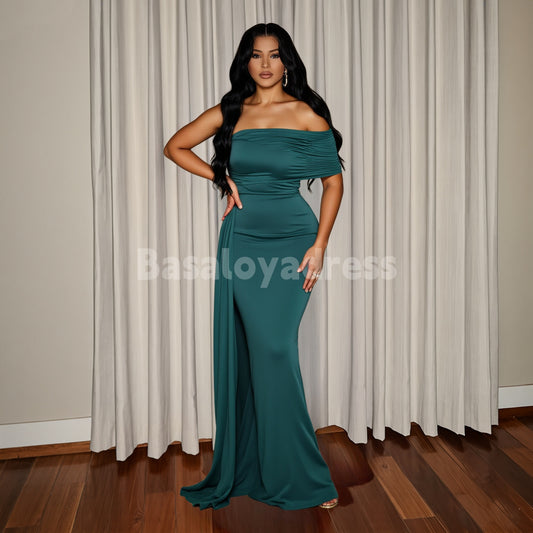 BDES00089 Maxi Green One Shoulder Wedding Guest Dress Sleeveless Pleated Prom Dress Evening Dress