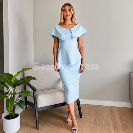 BDES00090 Elegant Women Sky Blue Dress Slant Neck Sleeveless Button Design Bodycon Midi Dress Evening Party Dress