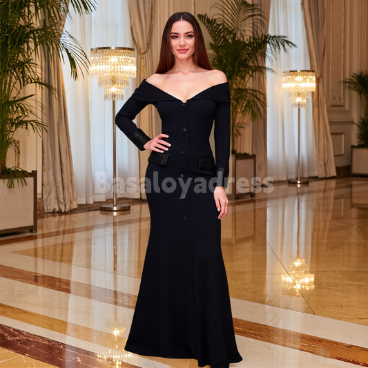 BDES00079 Off-the-shoulder Floor-length Evening Gown with Long Sleeves and Shimmering Check Chanel-style Fabric