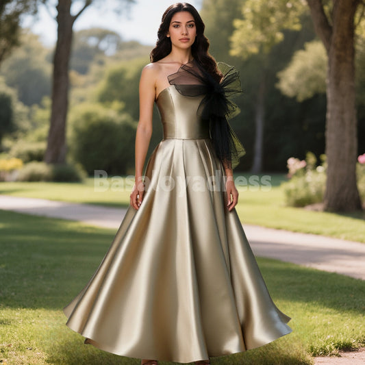 BDES00078 A-Line Elegant Formal Gown Tea Length Midi Length Strapless Cocktail Dress with Organza Shouder Flower and Pockets