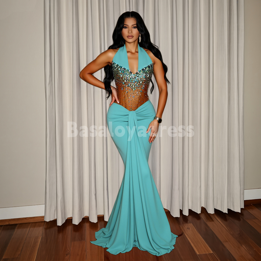 BDES00094 Sexy Glamorous Turquoise Halter Strapless Beaded Sleeveless Semi-sheer Mermaid Prom Dress