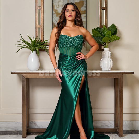 BDES00097 Strapless Side Heavy Maded Crystal Prom Dress Sheath Floor-Length Formal Evening Dress with High Split