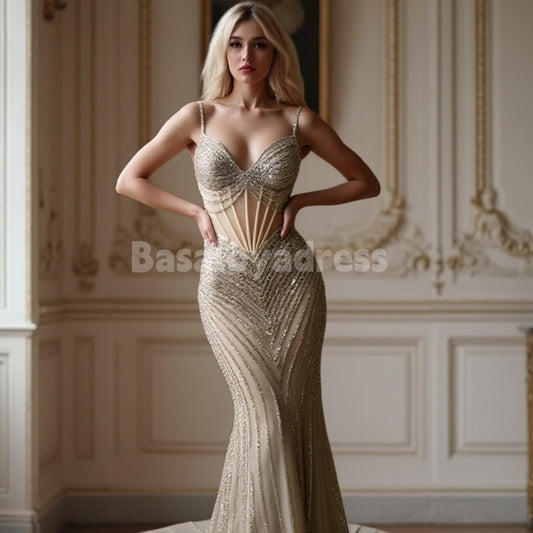 BDES00096 Sparkle Spaghetti Strap Pearls and Crystals Mesh Tulle Evening Dress For Women