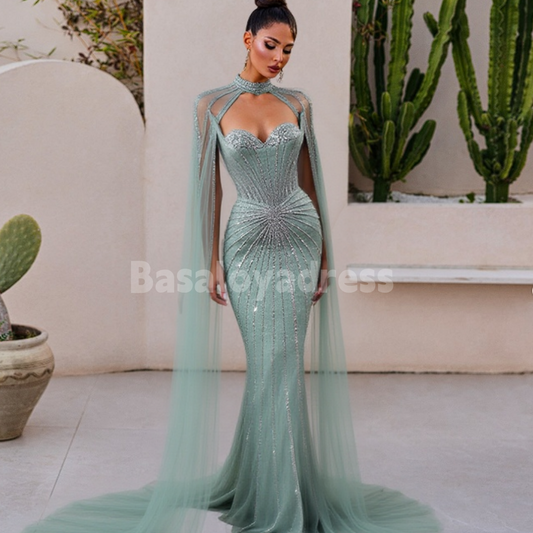 BDES00098 Affordable Luxury Sparkling Beaded Floor-length Mermaid Evening Dress with Cape Train