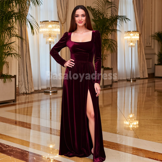 BDES00102 Burgundy Square Neck Velvet Holiday Party Dress With Slit Long Sleeves Prom Dress