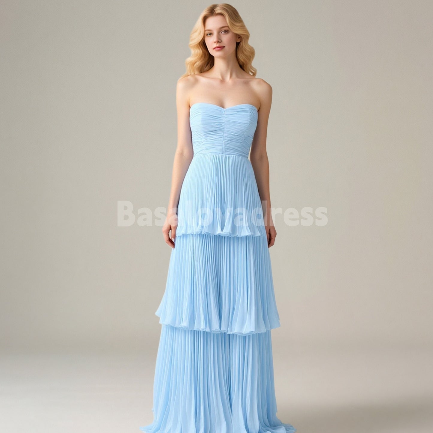 BDES00104 2025 A Line Chiffon Ruched Sweetheart Strapless Tiered Prom Dresses
