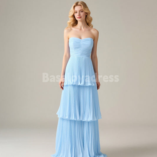 BDES00104 2025 A Line Chiffon Ruched Sweetheart Strapless Tiered Prom Dresses