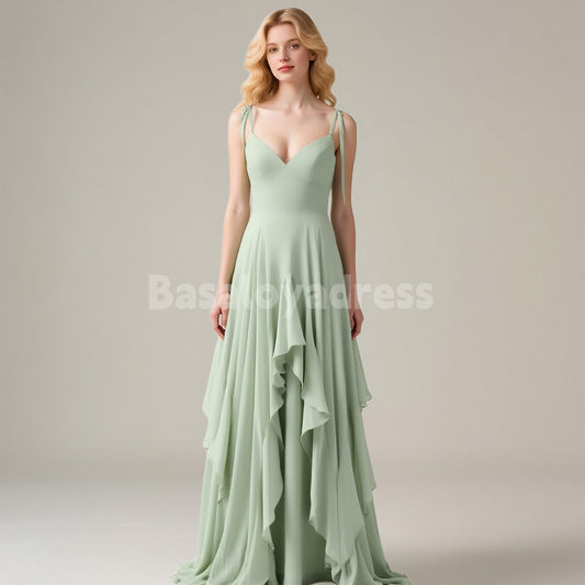 BDES00105 Mint Green Chiffon A-line Bridesmaid Dresses V-neck Spaghetti Straps Evening Gown with Irregular Ruffles