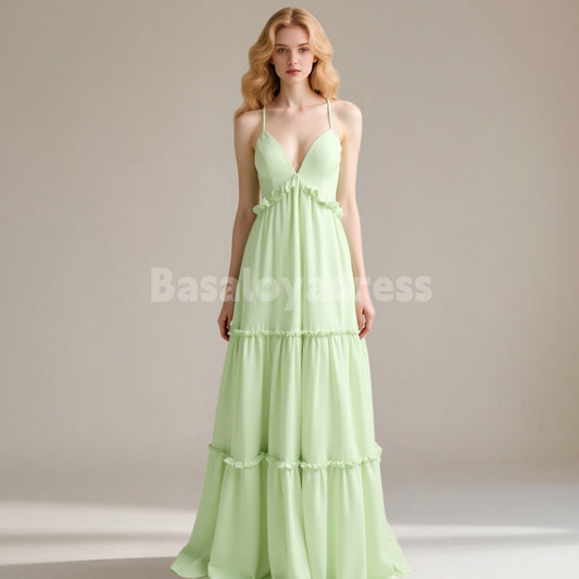 BDES00107 Emerald Green A Line Green Bridesmaid Dress with Lace-up Back Chiffon Maxi Dress with Ruffles