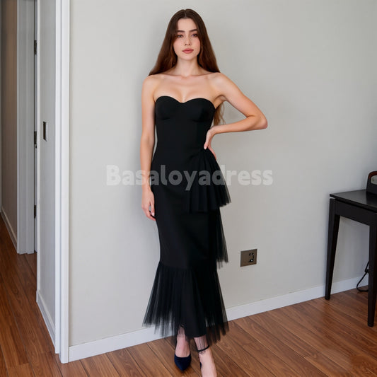 BDES00109 Elegant Long Dresses Sexy Evening Gowns Pleated Tull Sheath Split Dress Sleeveless Tube Dresses