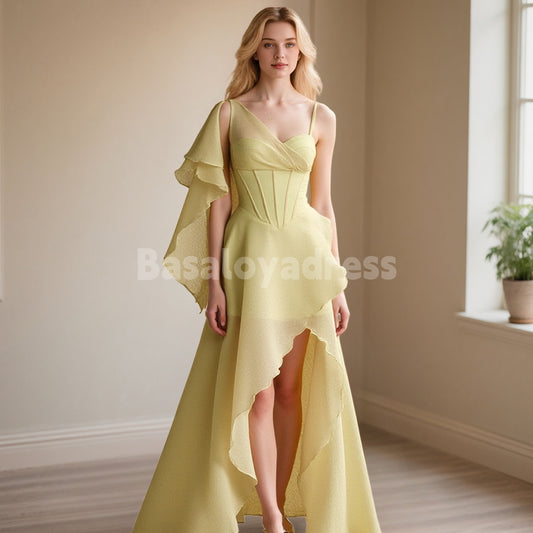 BDES00113 A-line Tulle Sexy Spaghetti Strap Prom Dresses Asymmetric Ruffled High-Low Organza Party Dress