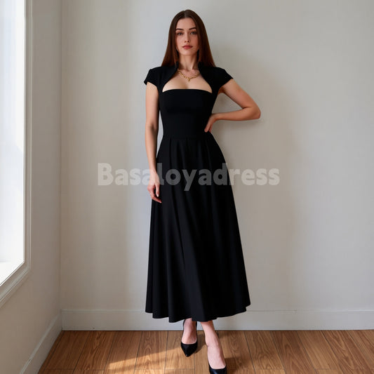 BDES00115 Black A-Line Midi Dress Queen Anne Neck Sleeveless Wedding Guest Dresses with Pleats Formal Evening Prom Gown