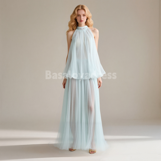 BDES00111 Elegant Tulle Maxi Dress High Neck Sleeveless Formal Party Dress A line Long Tiered Evening Dress  Customized