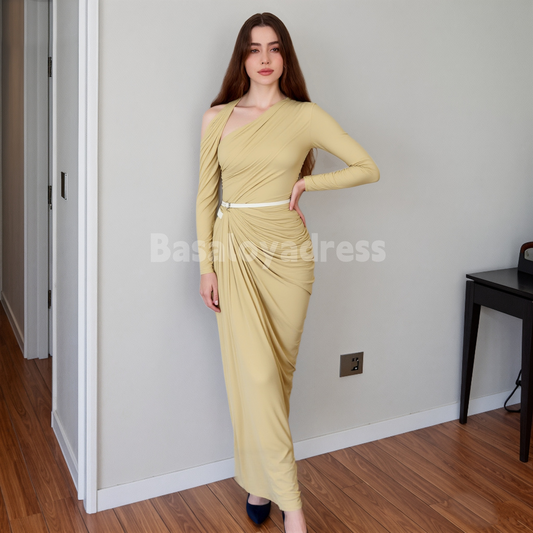 BDES00112 Ginger Asymmetric Neck Long Sleeves Ruched Draped Maxi Dress with Belt