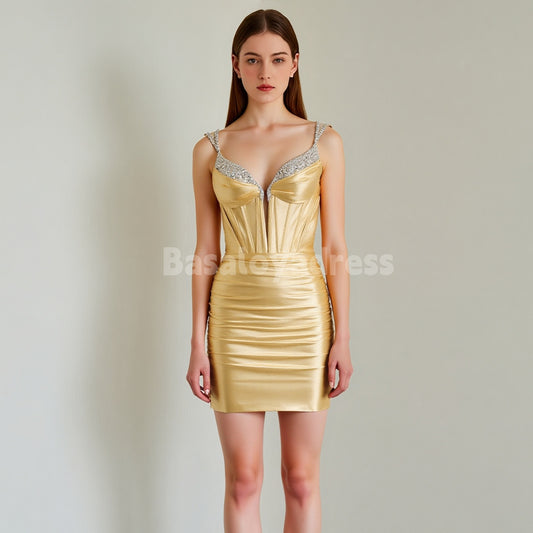 BSD00055 Golden Deep V-Neck Corset Bodycon Mini Dress with Spaghetti Straps with Sequins