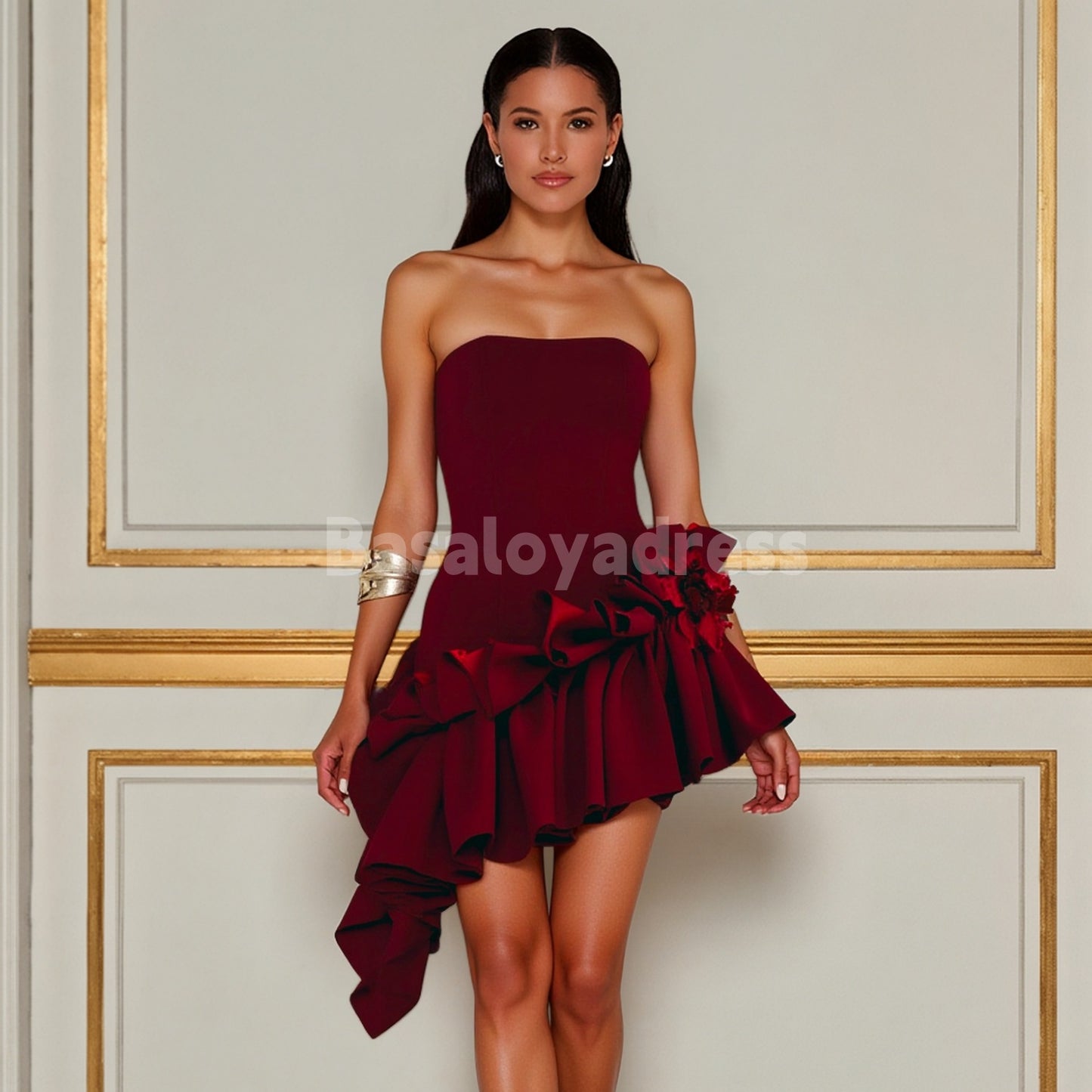 BSD00065 Asymmetric Hem Straight Across Neck Strapless Mini Dress Cocktail Party Gowns Bodycon Short Prom Dress