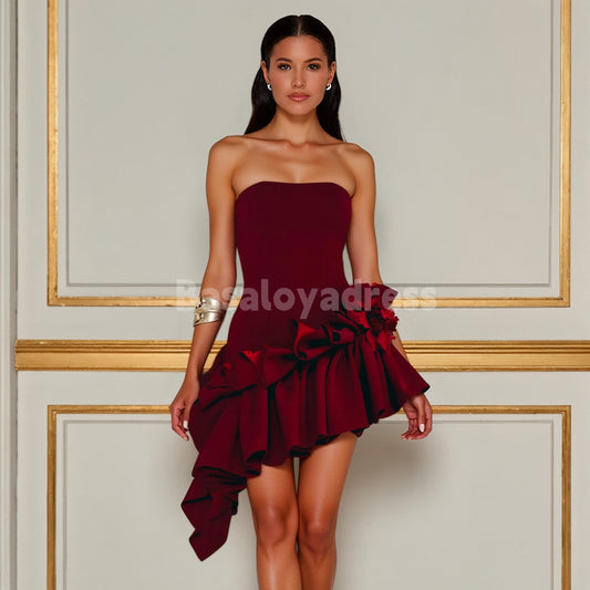 BSD00065 Asymmetric Hem Straight Across Neck Strapless Mini Dress Cocktail Party Gowns Bodycon Short Prom Dress
