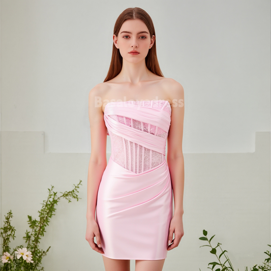 BSD00056 Corset Strapless Bodycon Lace Satin Pleated Short Homecoming Dress