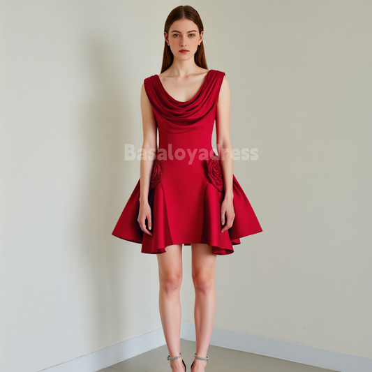 BSD00063 Solid Spliced 3D Flowers Mini Dresses Pleated Scoop Neck Sleeveless High Waist Temperament Cocktail Dress