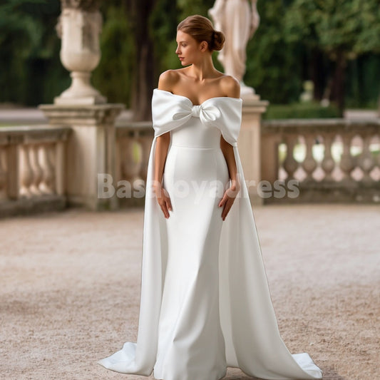 BWD00039 Light Beige Off The Shoulder Bow Cape Mermaid Long Wedding Dress