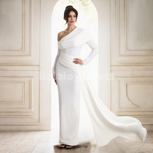 BWD00042 Light Beige One Shoulder Asymmetric Ruched Wrap Drape Maxi Dress