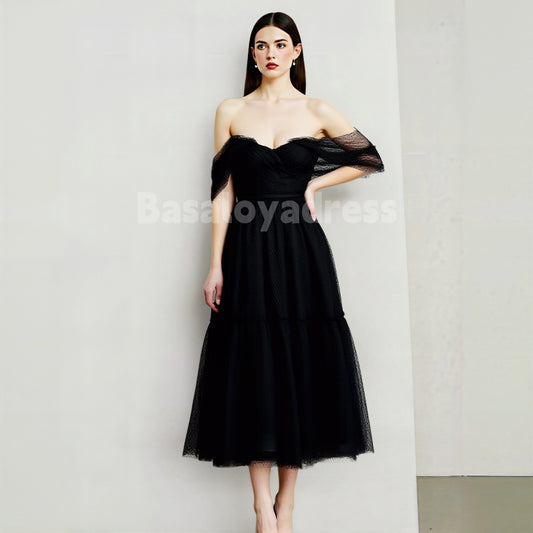 BWD00053 Gothic Black A-Line Off-The-Shouler Wedding Dress Tulle Tiered Madi Dress