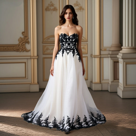 BWD00056 Gothic Black Champagne Sweetheart A-Line Lace Applique Tulle Wedding Dress